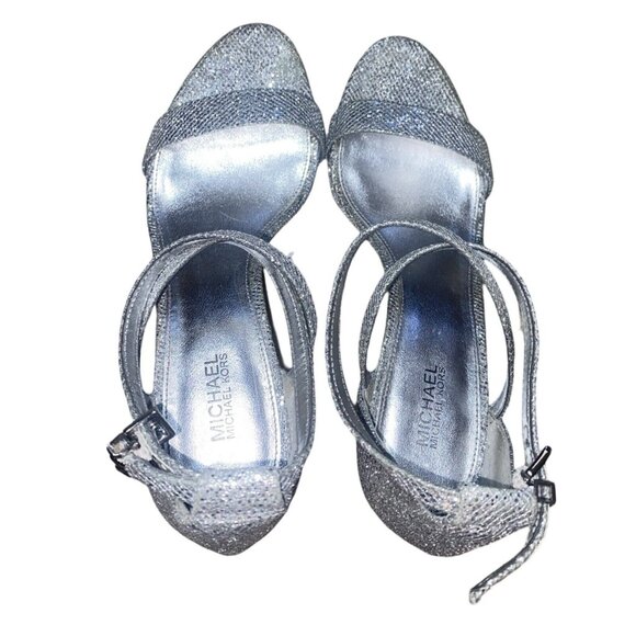 MICHAEL KORS AVA Mid Heel Strappy Sandal SILVER Glitter Evening Size 7.5 - Picture 6 of 16